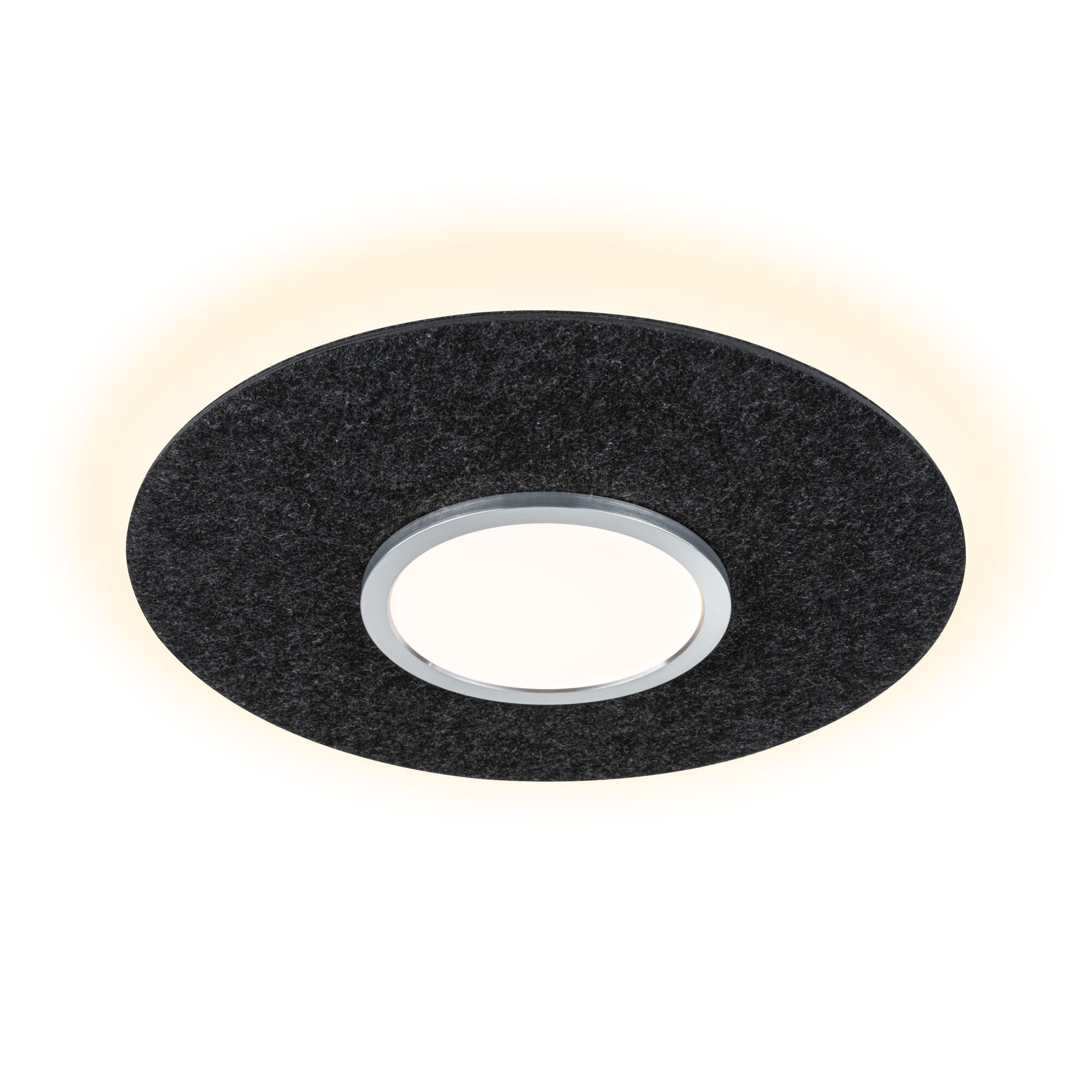 Rund LED-loftlampe med sort filt-ring og varmt hvidt lys til moderne rum