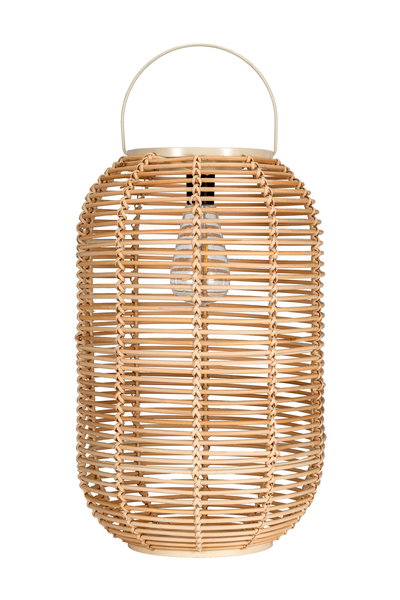 Lantern made of woven natural rattan with beige metal handle for atmospheric lighting