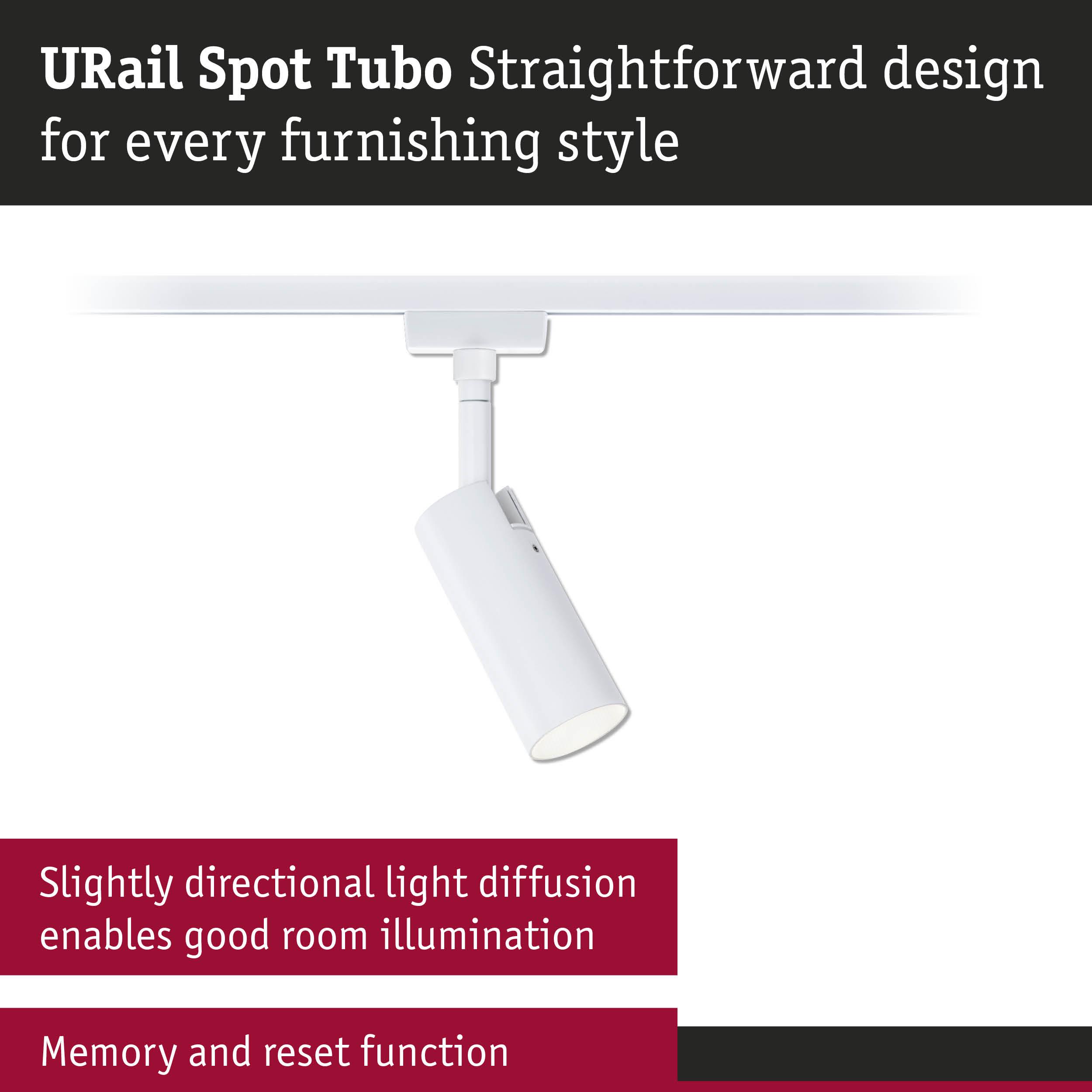 White URail Spot Tubo metal LED spotlight with slightly directional light diffusion for room lighting