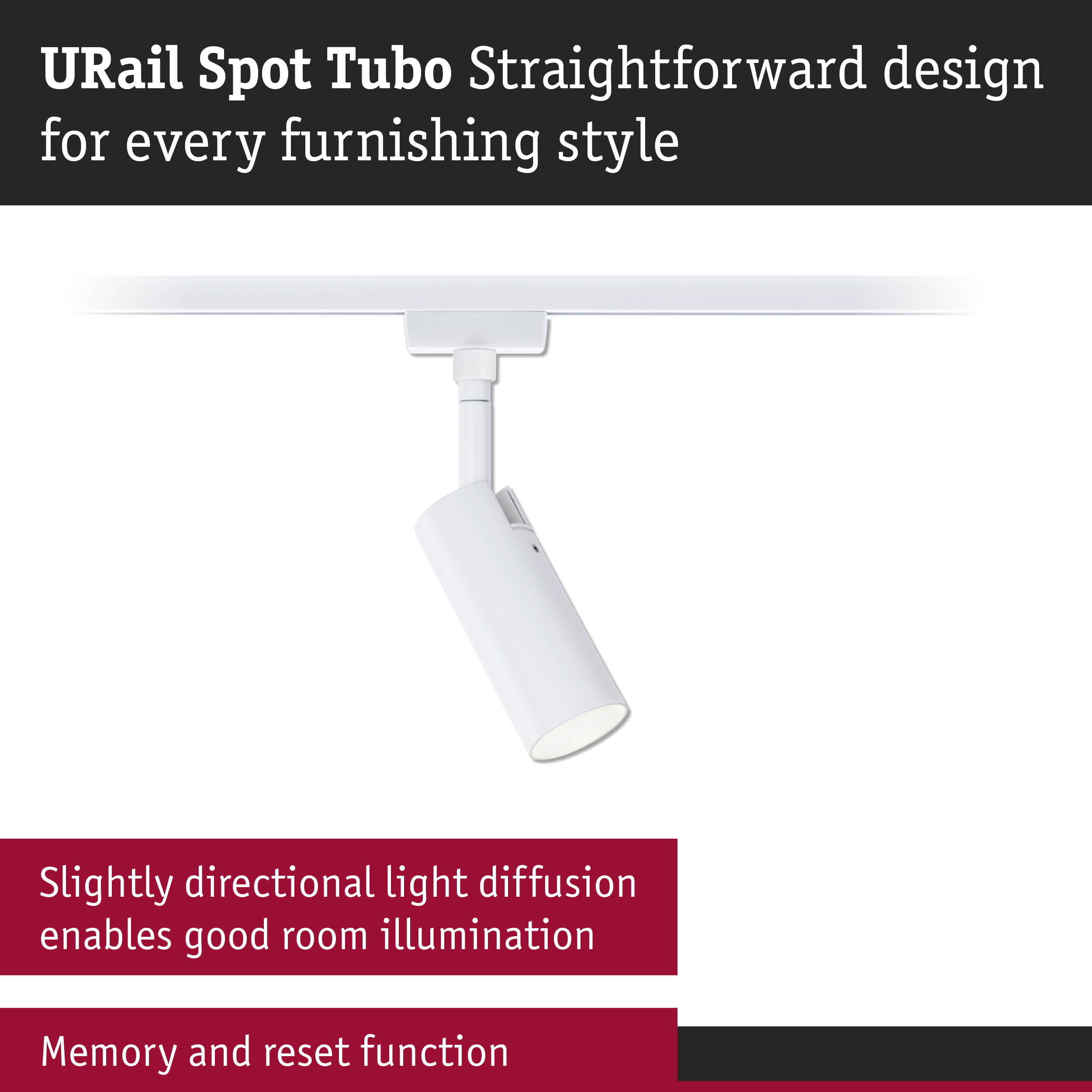 White URail Spot Tubo spotlight with slightly directional light diffusion for effective room lighting