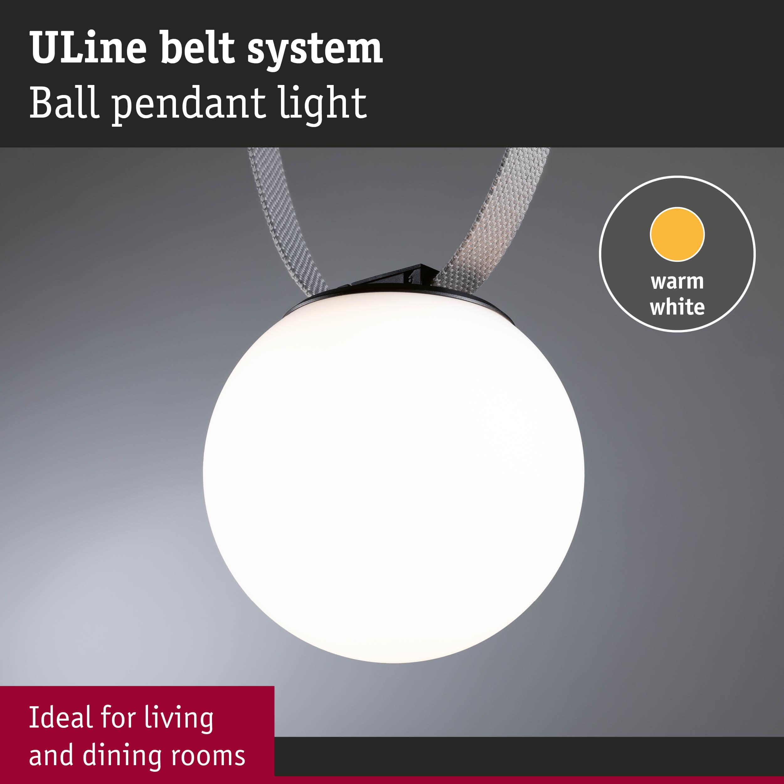 Uline Belt System ball pendant light with warm white glass, perfect for living and dining room lighting