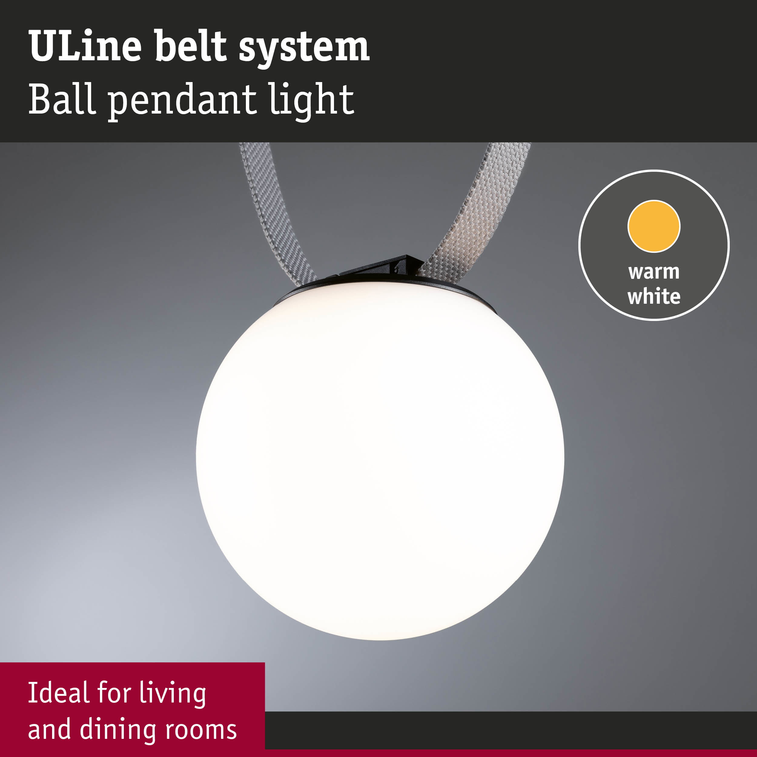 Uline belt system ball pendant light with white glass globe and warm white illumination for living rooms