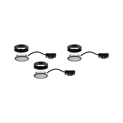 Trois spots LED encastrés ronds avec cadre noir et câble de connexion pour éclairage moderne.