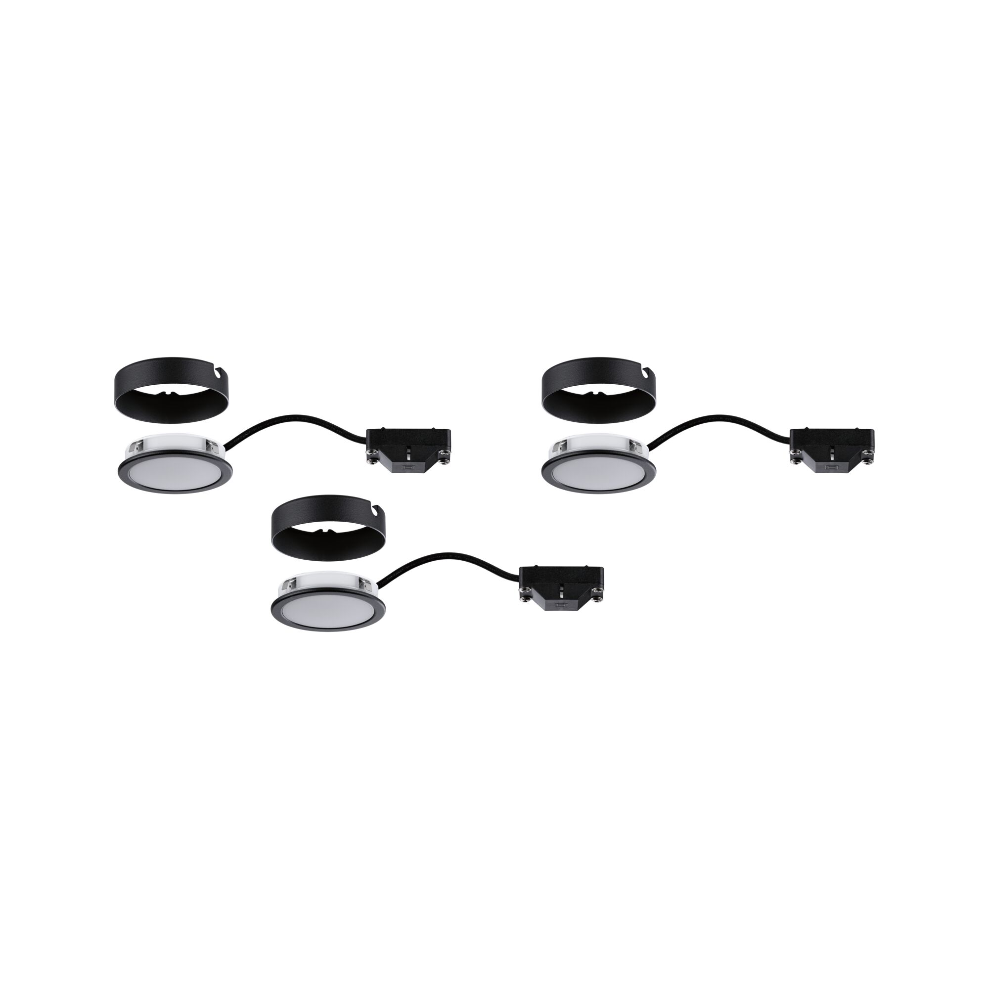 Three round LED recessed lights with black frame and connector cable for modern lighting solutions.