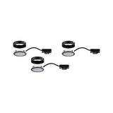 Three round LED recessed lights with black frame and connector cable for modern lighting solutions.