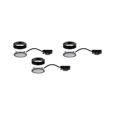 Drei runde LED-Einbauleuchten mit schwarzem Rahmen und Anschlusskabel für moderne Beleuchtung.