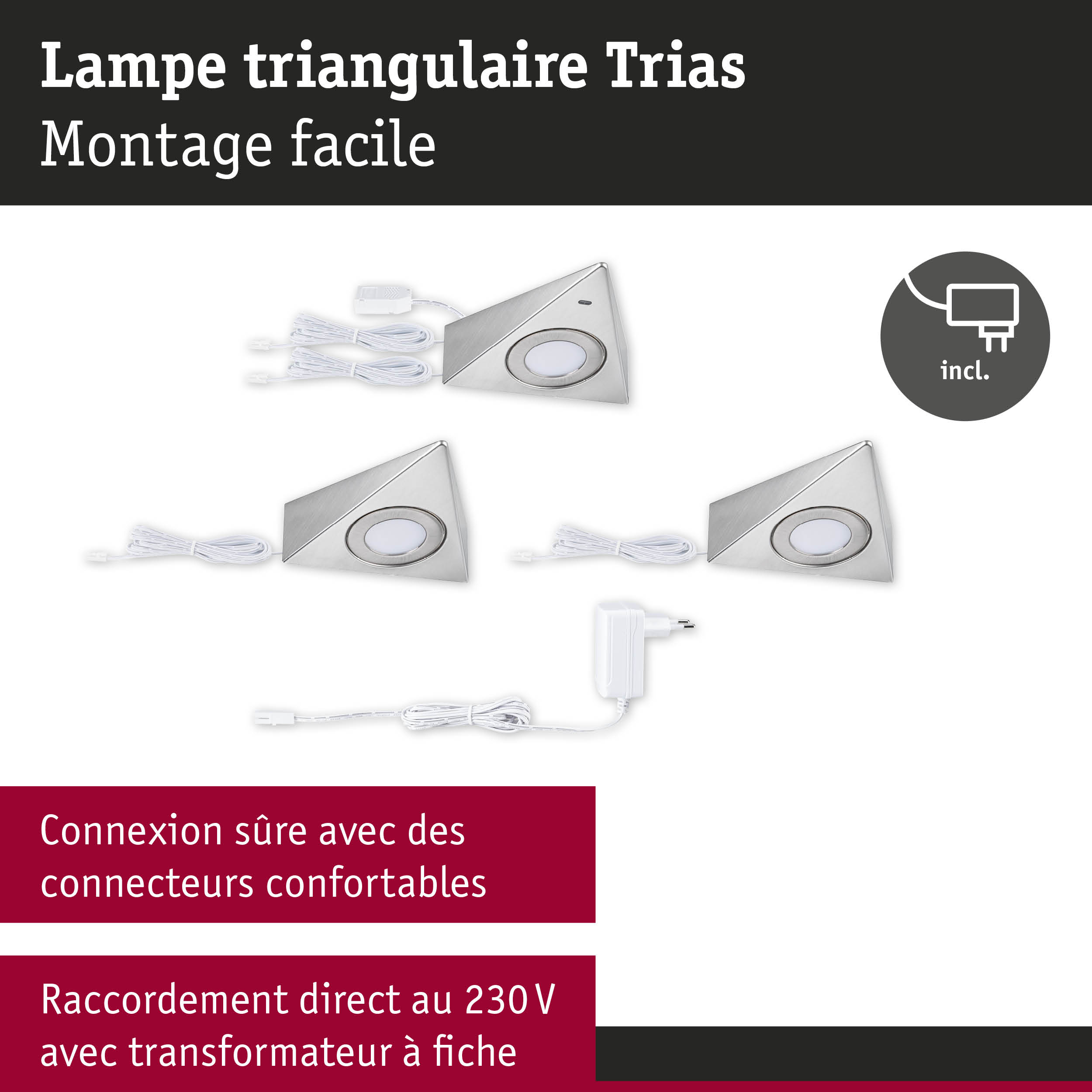 Lampes triangulaires Trias en acier inoxydable avec montage facile et transformateur pour éclairage intérieur