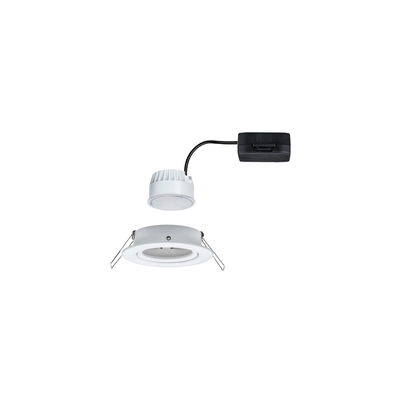 Weißer LED-Einbaustrahler mit schwarzem Anschlusskabel und Halterung aus Metall für Deckenmontage