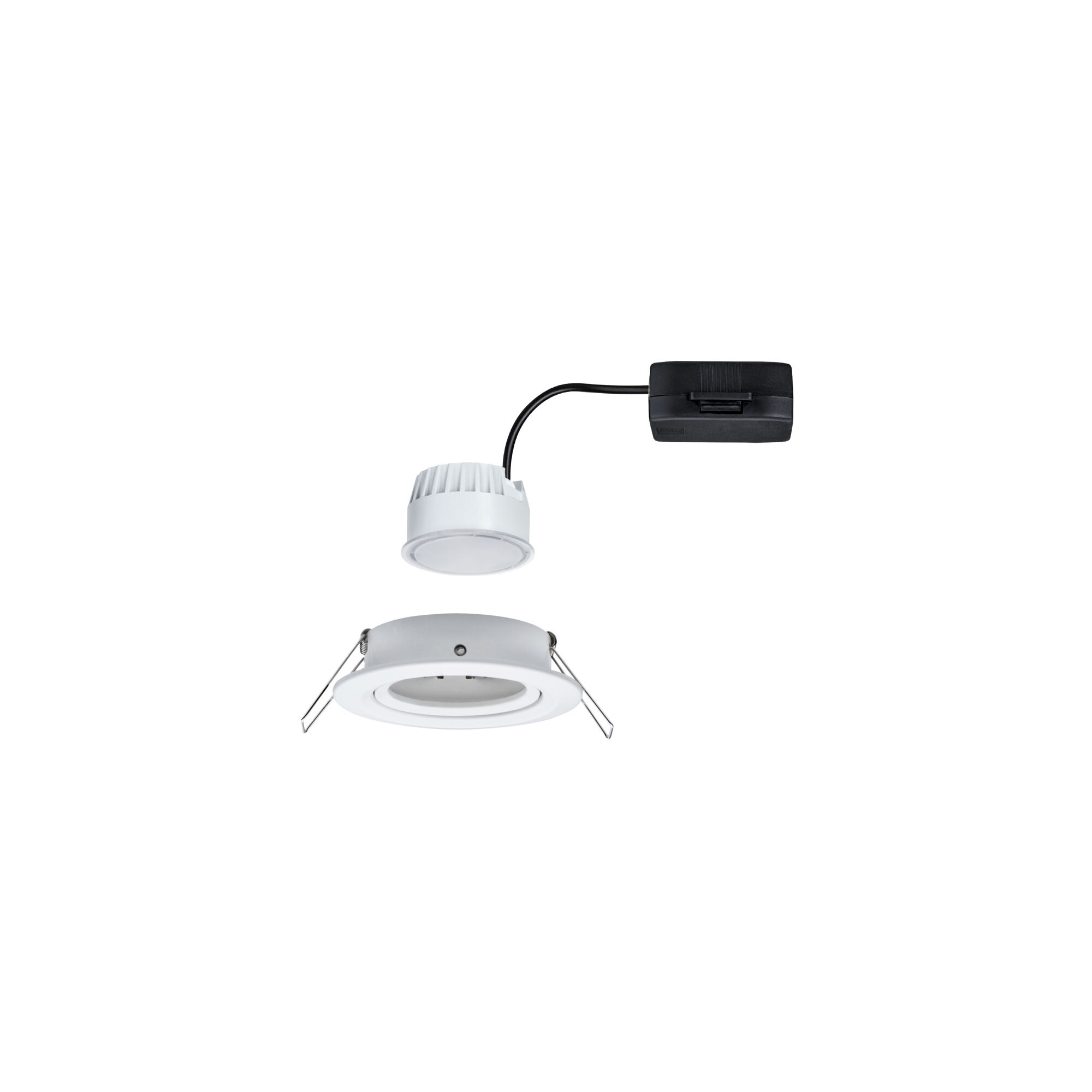 White LED recessed spotlight with black cable and metal mounting bracket for ceiling installation