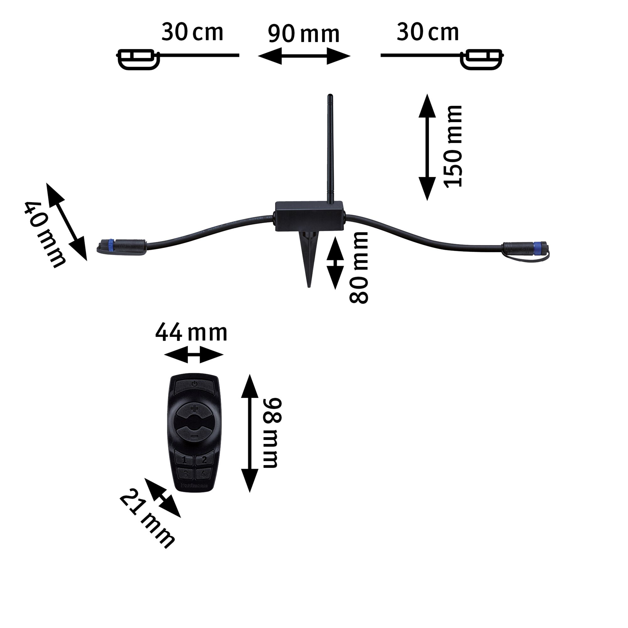 Schwarzes Steuergerät mit Antenne und Fernbedienung, technische Maße in Millimeter und Zentimeter.