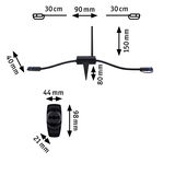 Schwarzes Steuergerät mit Antenne und Fernbedienung, technische Maße in Millimeter und Zentimeter.