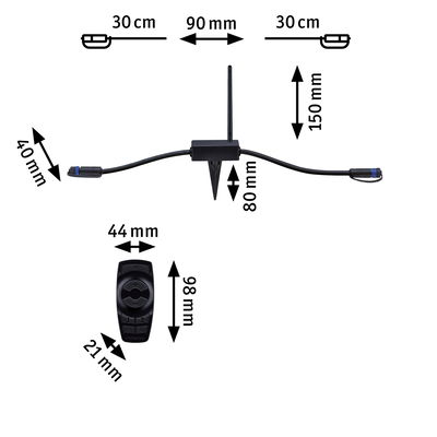 Schwarzes Steuergerät mit Antenne und Fernbedienung, technische Maße in Millimeter und Zentimeter.