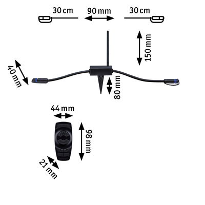 Black control unit with antenna and remote, technical dimensions in millimeters and centimeters.