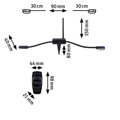 Schéma technique d’un récepteur sans fil noir avec télécommande et dimensions précises.