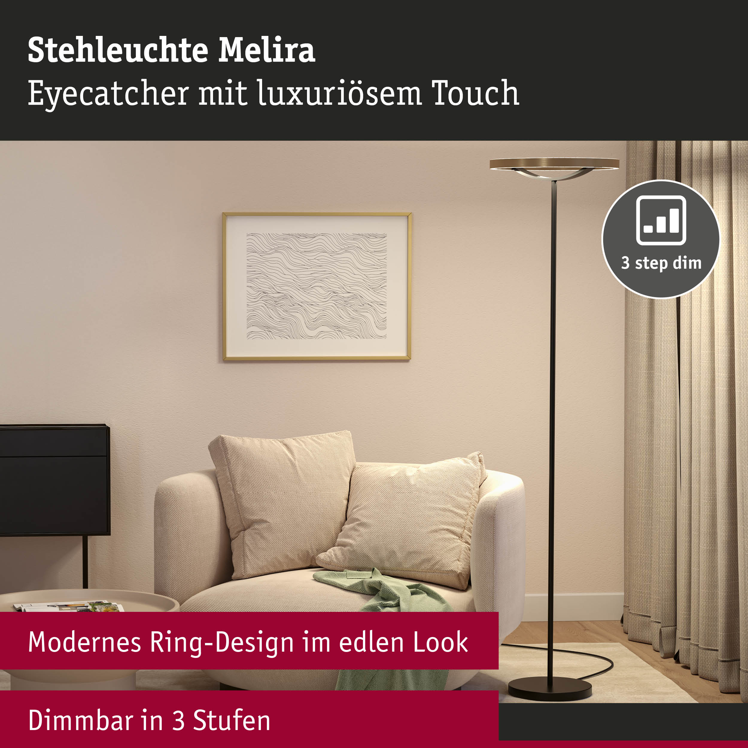 Stehleuchte Melira mit modernem Ring-Design in Schwarz und dimmbar in 3 Stufen für Wohnzimmer