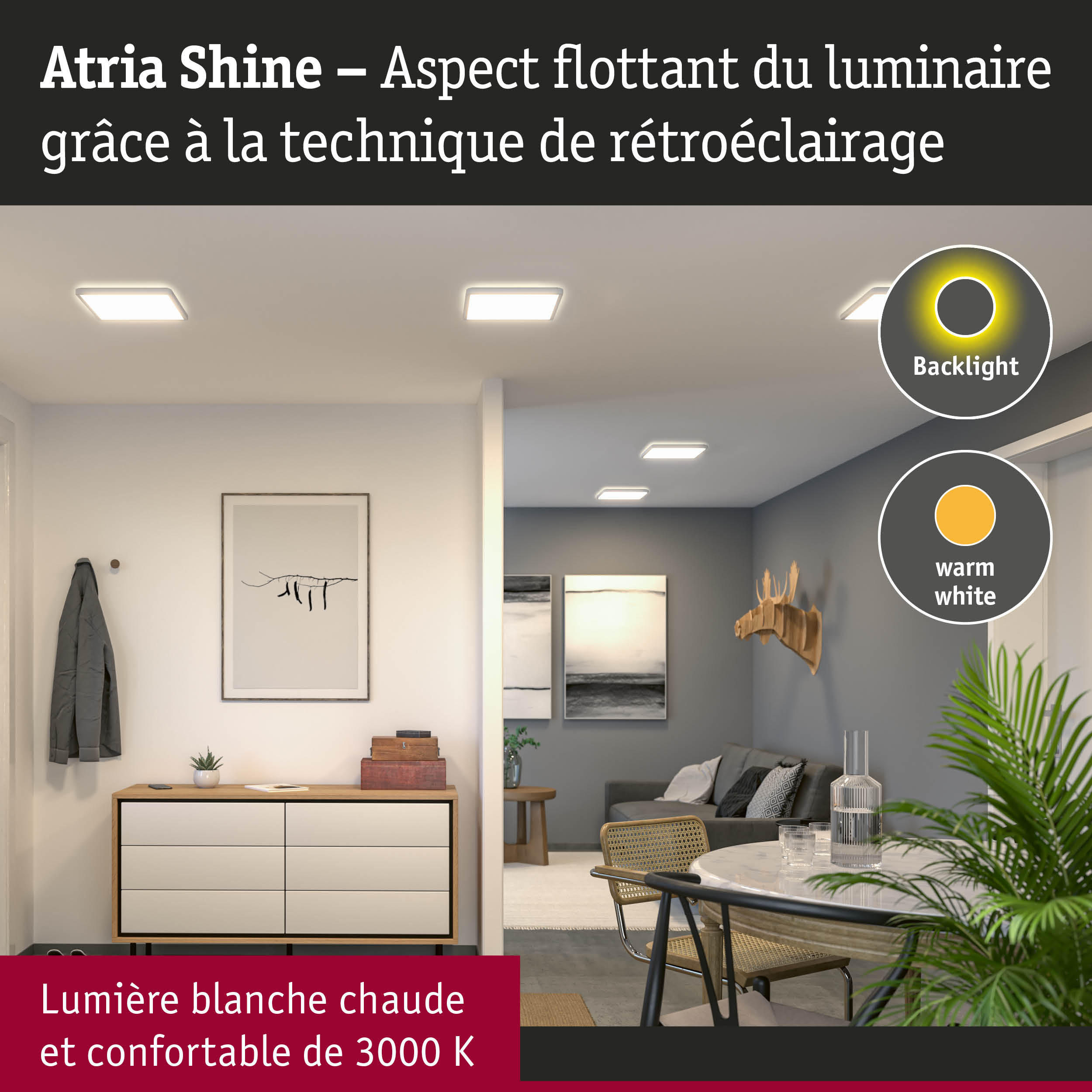 Luminaires LED Atria Shine avec rétroéclairage blanc chaud pour espaces de vie confortables