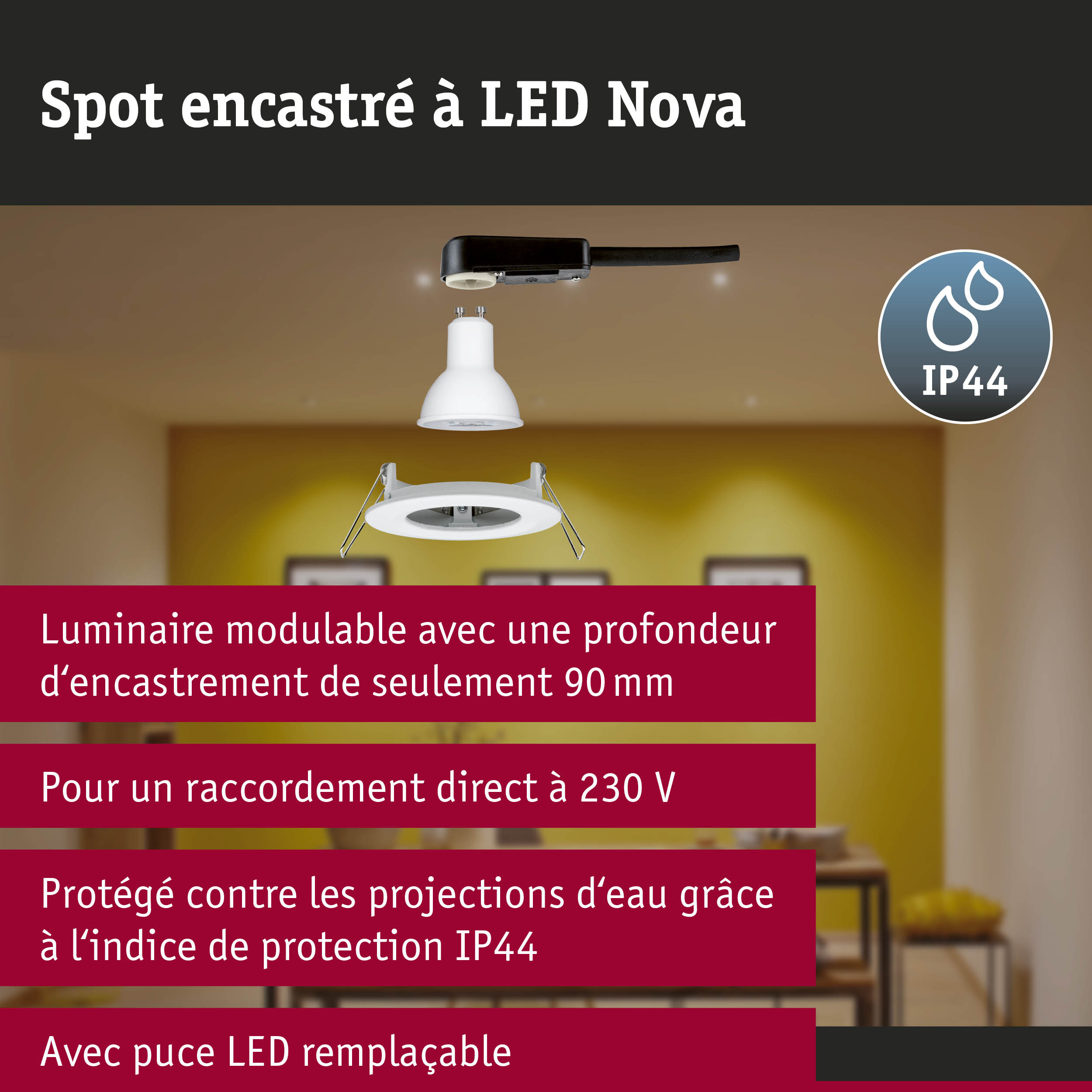 Spot encastré LED 3-Step-Dim Nova Kit de base fixe IP44 rond 78mm GU10 3x6,5W 3x460lm 230V gradable 2700K Blanc dépoli