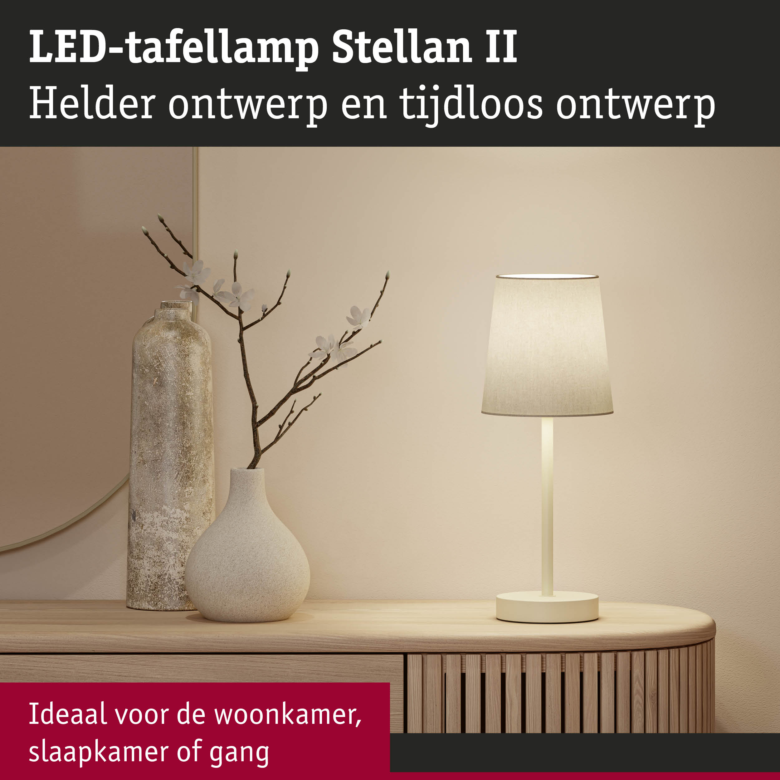 LED-tafellamp Stellan II crème met stoffen kap op houten dressoir, modern woonlicht