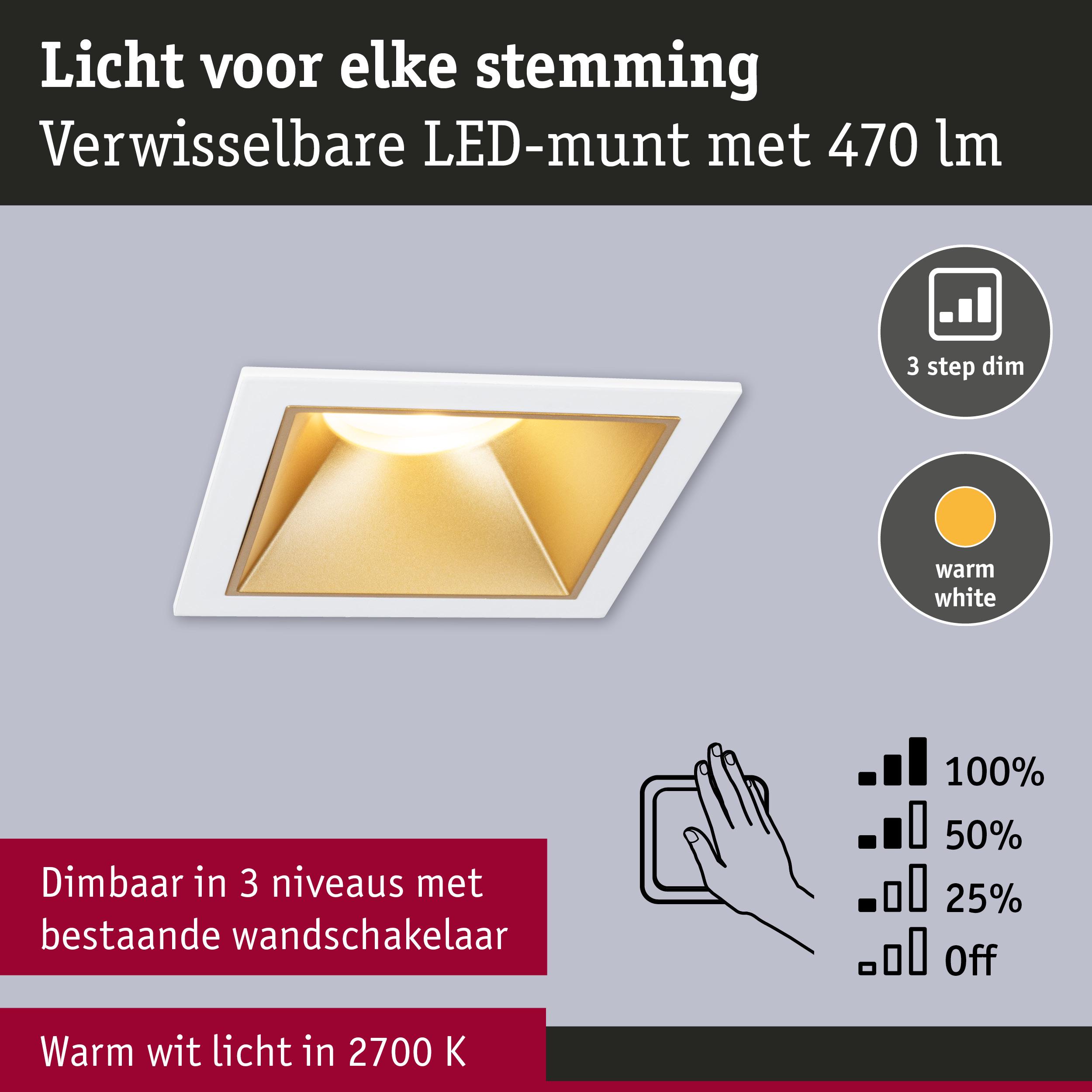 Witte LED-inbouwspot met gouden reflector, 3-traps dimbaar, warm wit licht 2700K voor sfeerverlichting