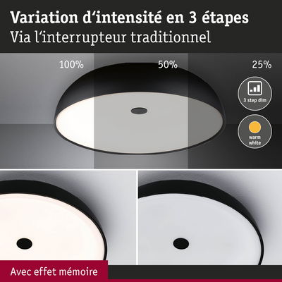 Plafonnier noir avec lumière blanc chaud et variation d’intensité en 3 étapes via interrupteur traditionnel