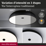 Plafonnier noir avec lumière blanc chaud, variation d'intensité en 3 étapes via interrupteur traditionnel