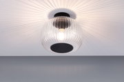 Ceiling light with ribbed clear glass and black metal base, modern indoor lighting fixture
