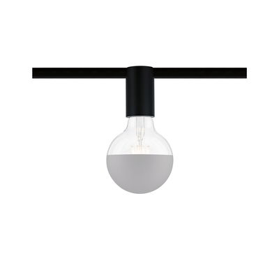 Modern LED bulb with half matte grey coating and black socket adapter for track lighting systems