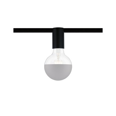 Moderne LED-Glühbirne mit halb matter grauer Beschichtung und schwarzem Fassungsadapter für Schienensysteme