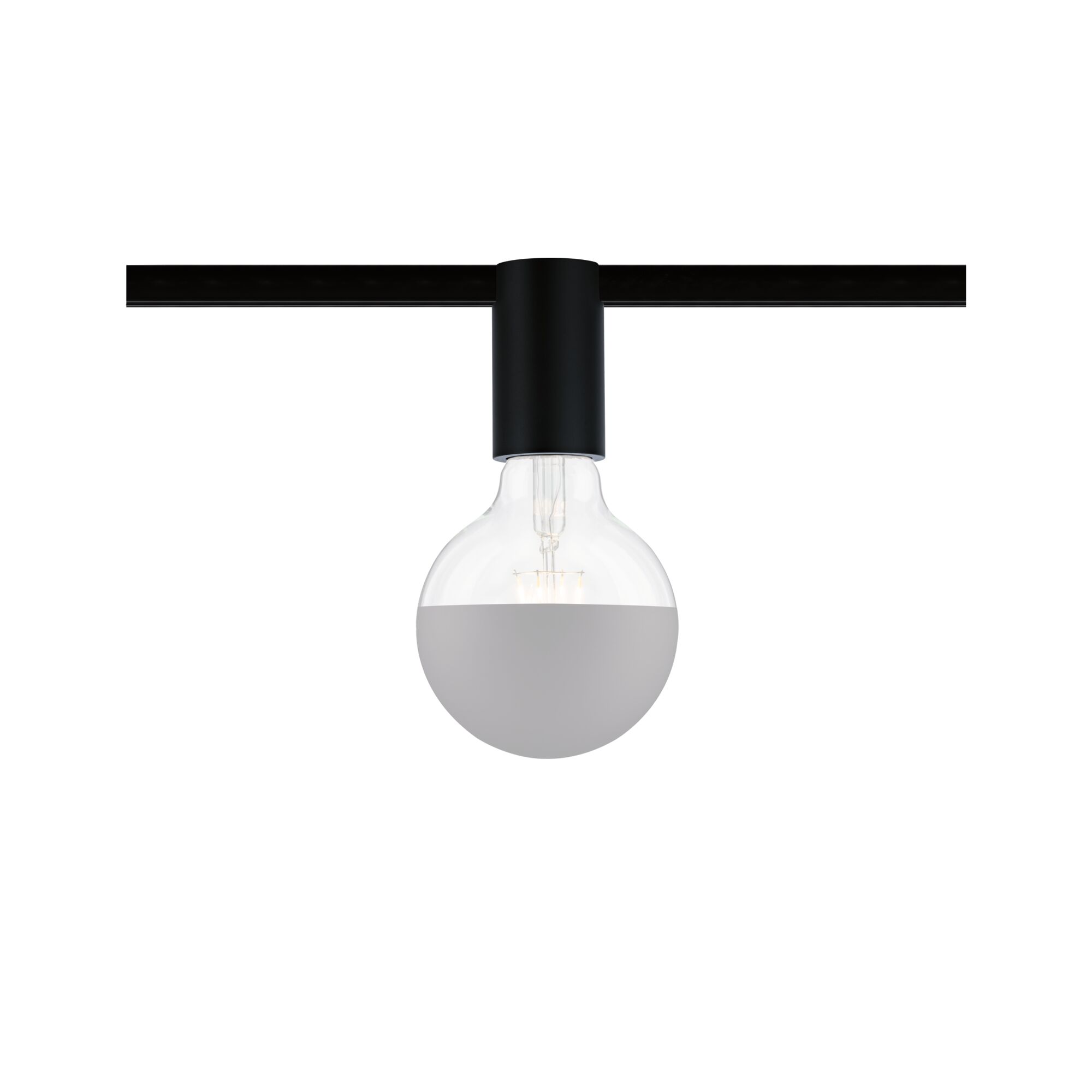 Moderne LED-Glühbirne mit halb matter grauer Beschichtung und schwarzem Fassungsadapter für Schienensysteme