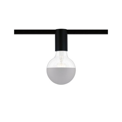 Moderne LED-Glühbirne mit halb matter grauer Beschichtung und schwarzem Fassungsadapter für Schienensysteme