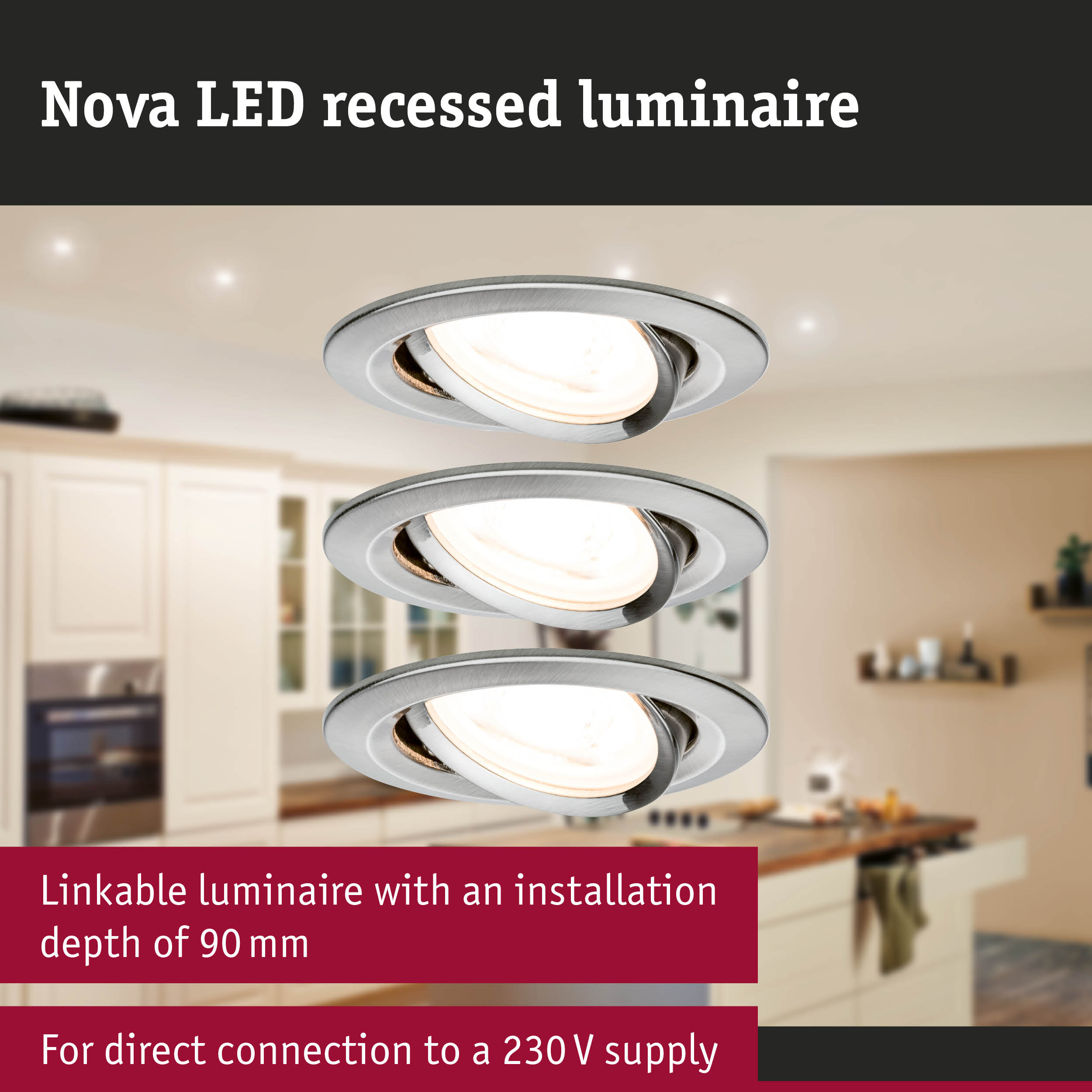 Nova LED recessed luminaire in brushed silver aluminium for direct 230V power connection
