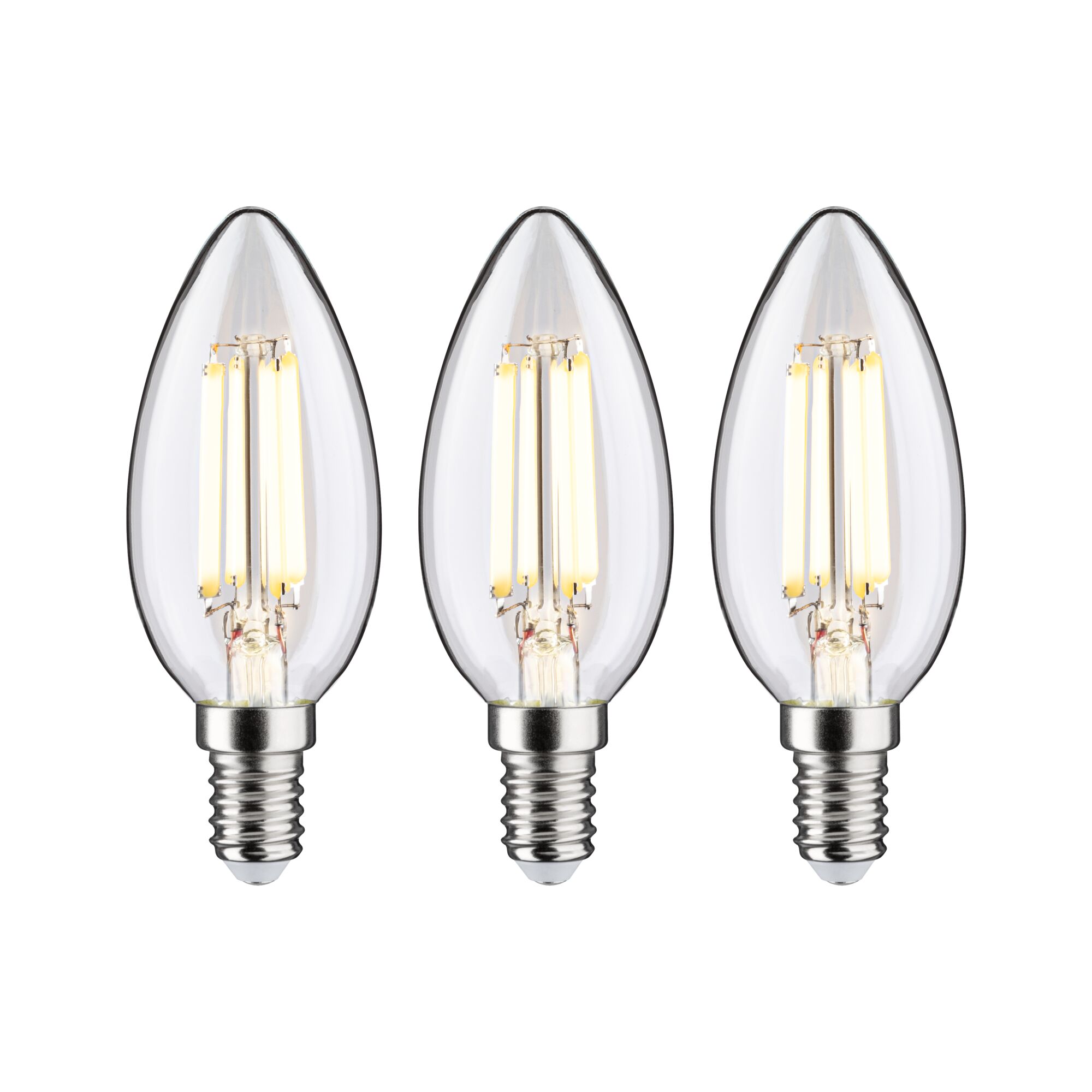Drei klare LED-Kerzenlampen mit E14-Fassung und warmweißem Licht für energiesparende Beleuchtung