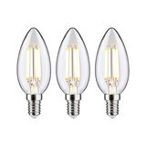 Three clear LED candle bulbs with E14 base and warm white light for energy-efficient lighting