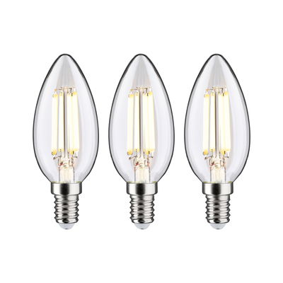 Three clear LED candle bulbs with E14 base and warm white light for energy-efficient lighting