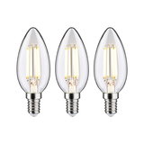 Three clear LED candle bulbs with E14 base and warm white light for energy-efficient lighting
