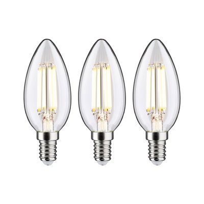 Three clear LED candle bulbs with E14 base and warm white light for energy-efficient lighting
