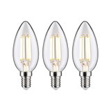 Three clear LED candle bulbs with E14 base and warm white light for energy-efficient lighting