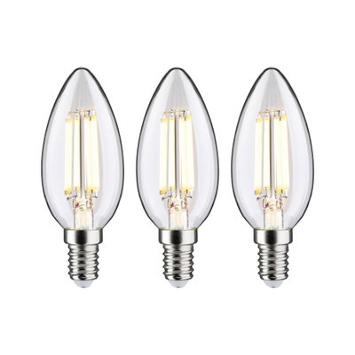 Three clear LED candle bulbs with E14 base and warm white light for energy-efficient lighting