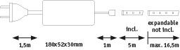 Technical drawing of a white power supply with cables and dimensions for LED lighting systems.