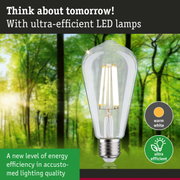 Clear LED bulb with warm white light and ultra-efficient energy use against green forest background