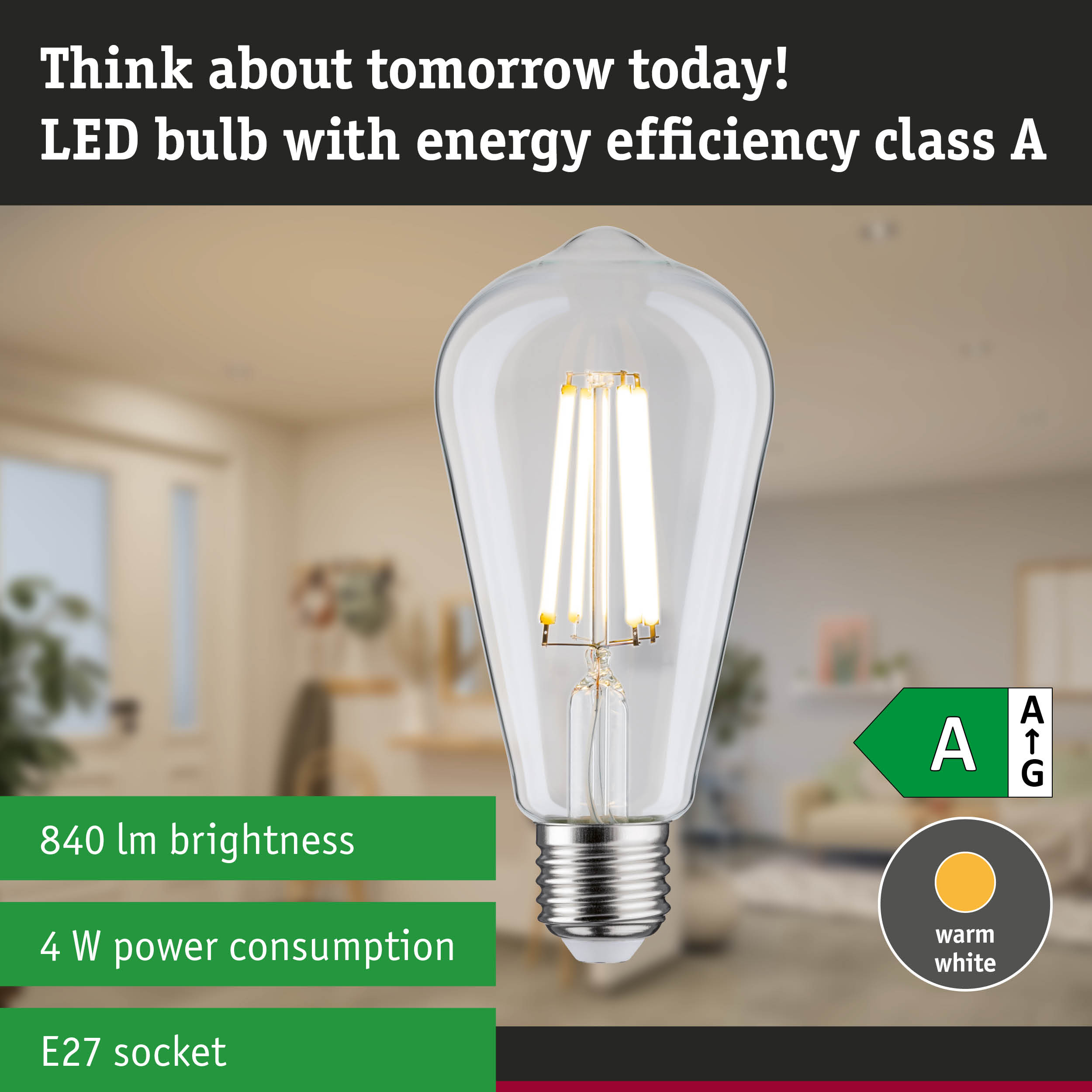 Clear LED bulb with warm white light and ultra-efficient energy use against green forest background
