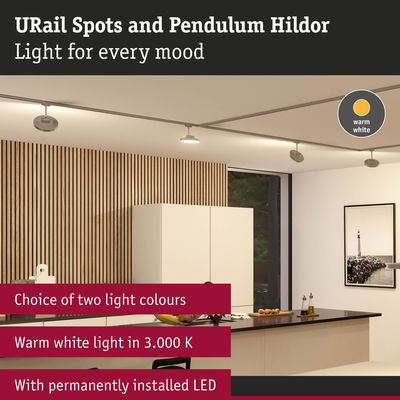 Modern URail spotlights with warm white 3000K LED lighting above kitchen island with wood panel wall