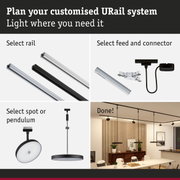 Modular URail rail system with black and white aluminium rails for flexible LED lighting setup.