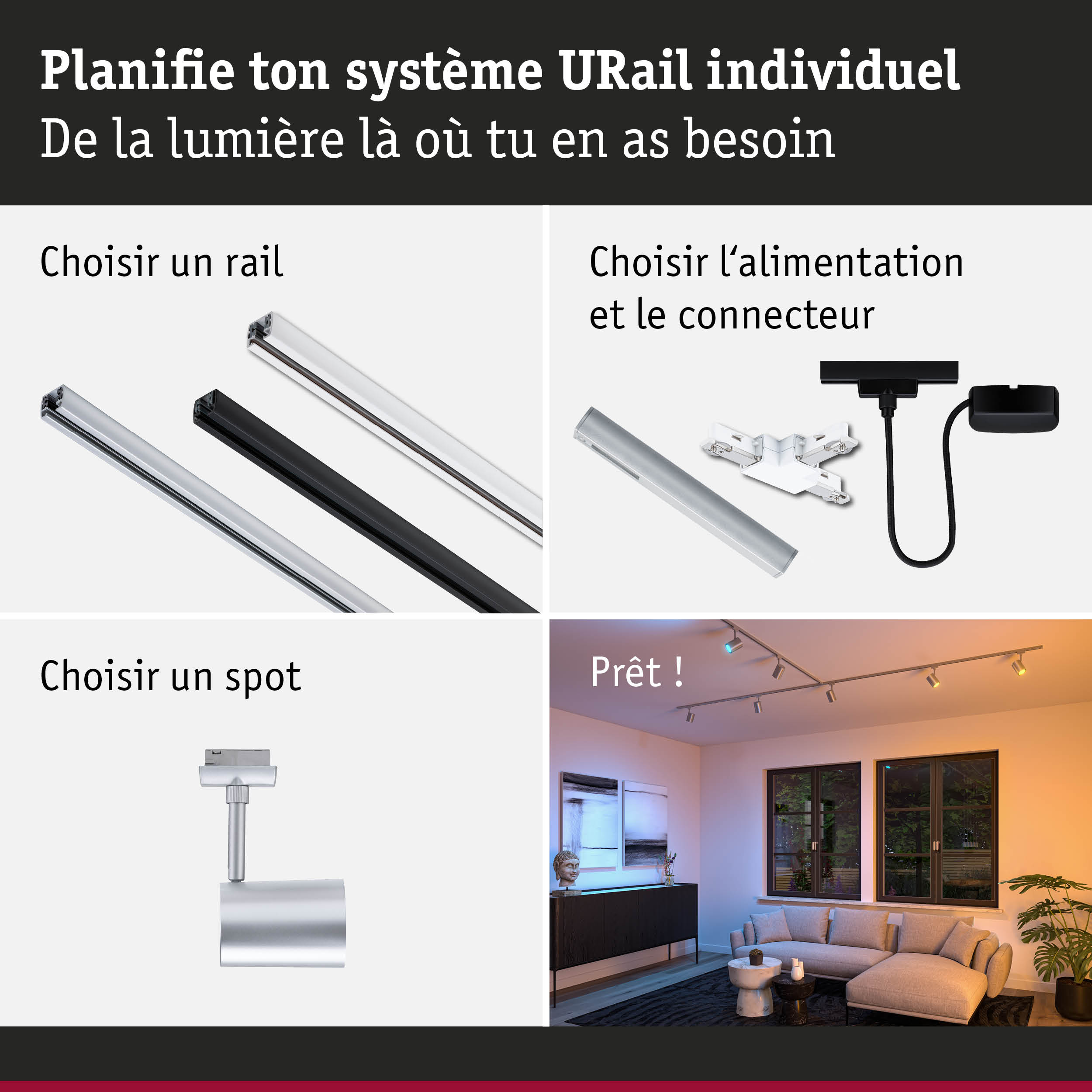 Système de rail modulaire URail en aluminium noir et blanc pour éclairage LED flexible.