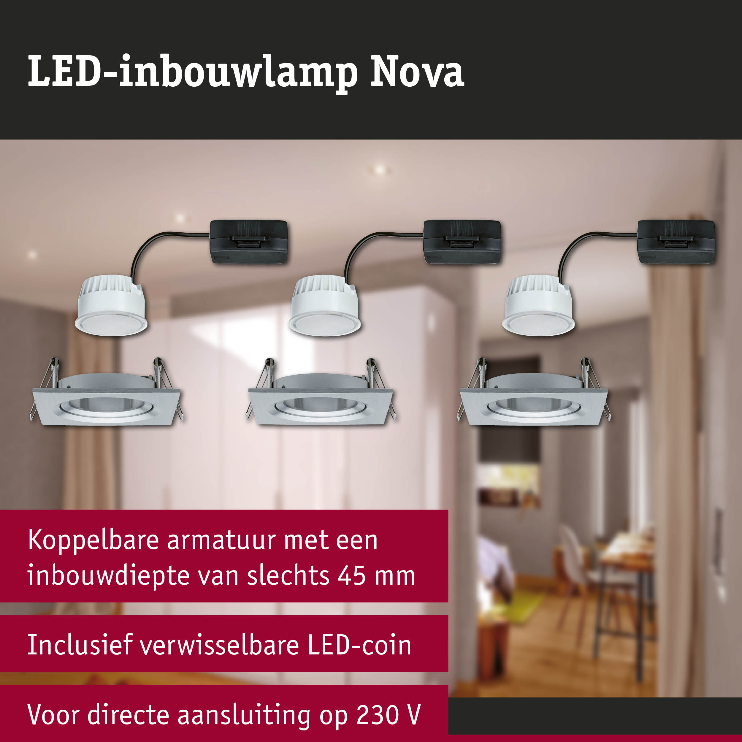 Witte LED-inbouwlamp Nova met zwarte kabel, energiezuinige plafondverlichting voor thuis