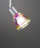 Modern ceiling spotlight with iridescent glass and silver metal housing for accent lighting