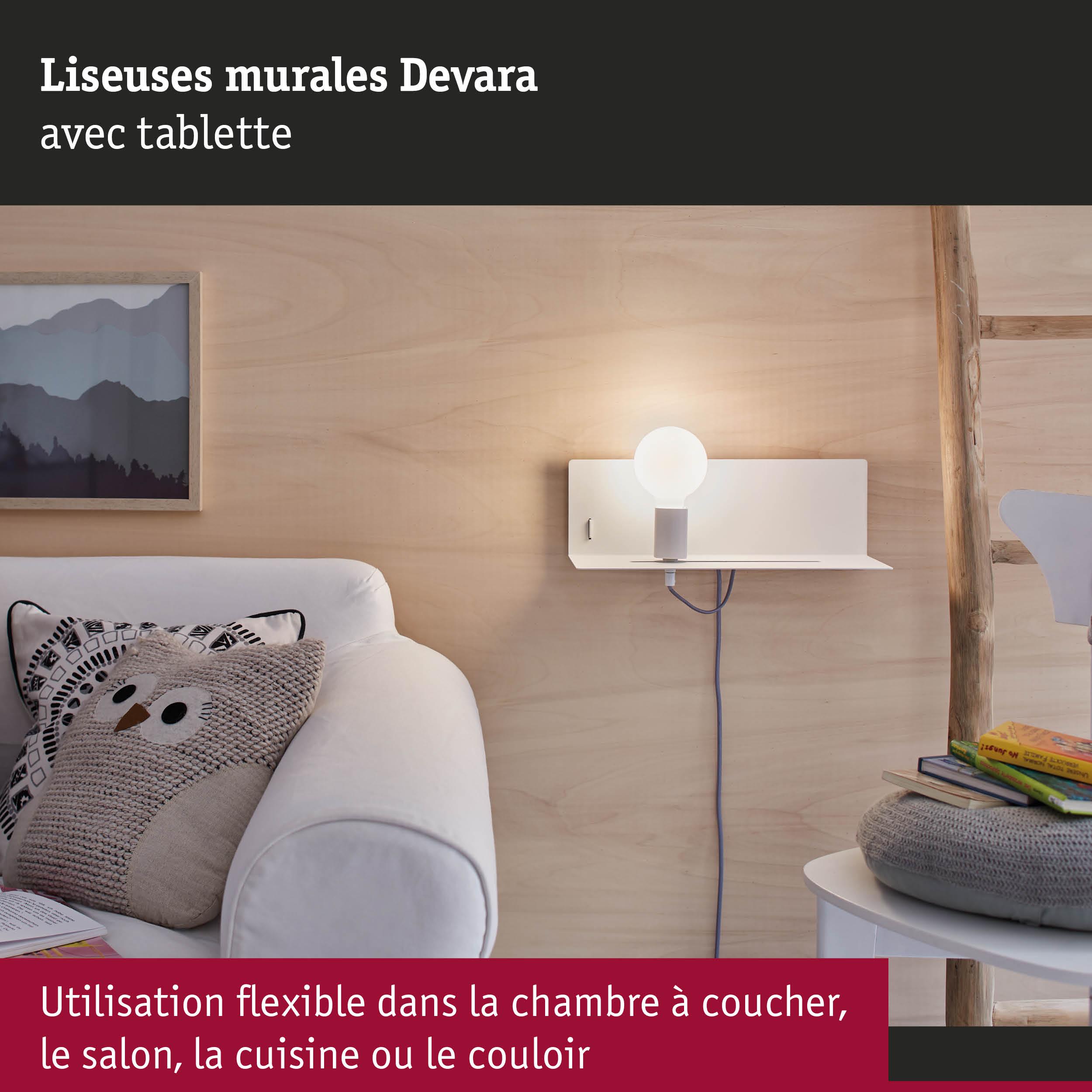Liseuse murale Devara blanche avec tablette en métal, usage flexible en chambre, salon, cuisine ou couloir