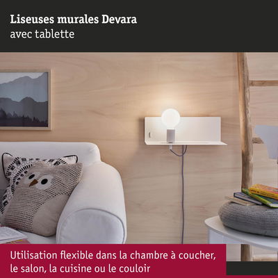 Liseuse murale Devara blanche avec tablette en métal, usage flexible en chambre, salon, cuisine ou couloir