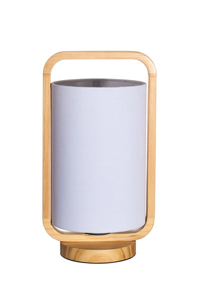 Modern table lamp with light wooden frame and white fabric shade for cozy lighting