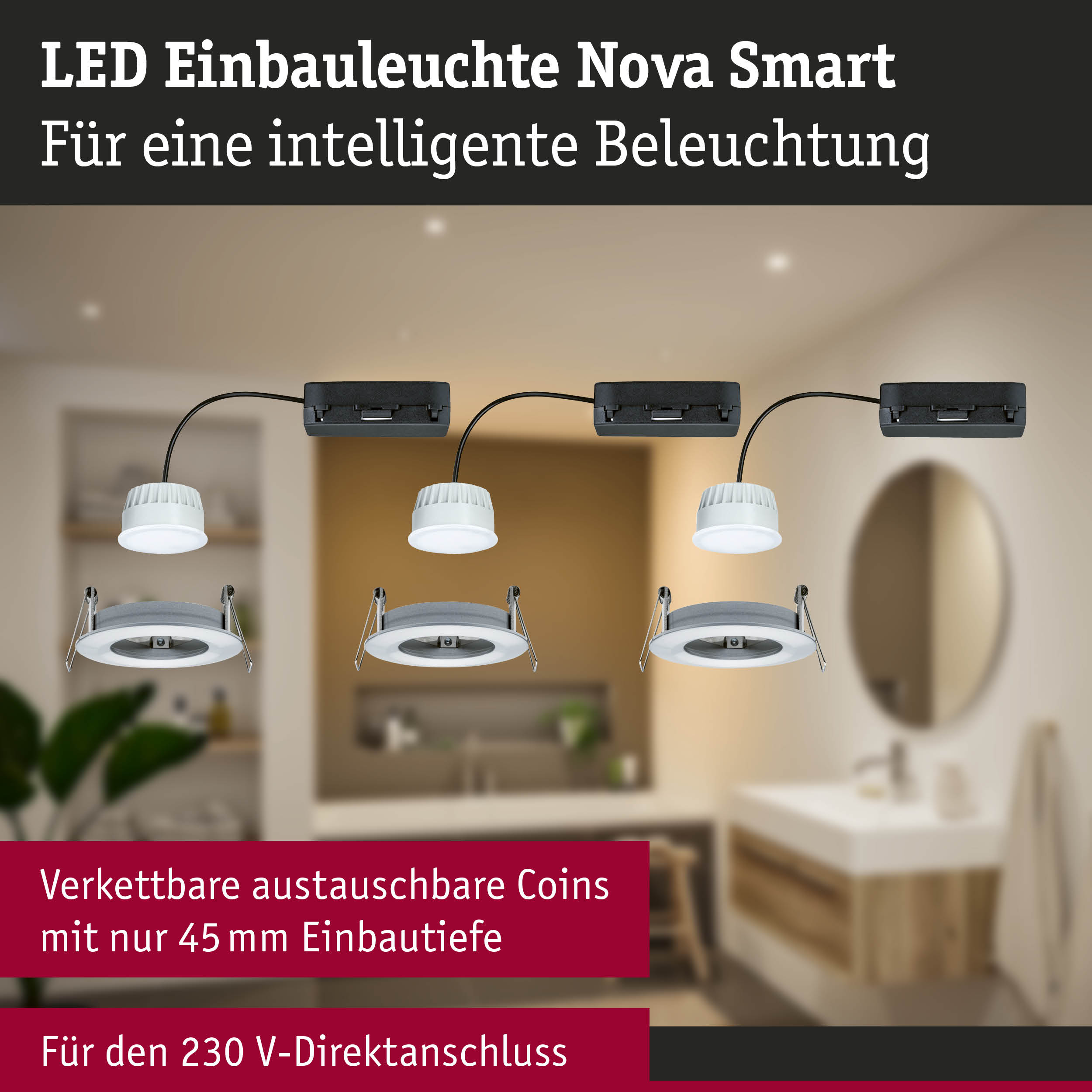 LED Einbauleuchte Nova Smart mit vernetzten austauschbaren Coins in Weiß für 230 V Direktanschluss